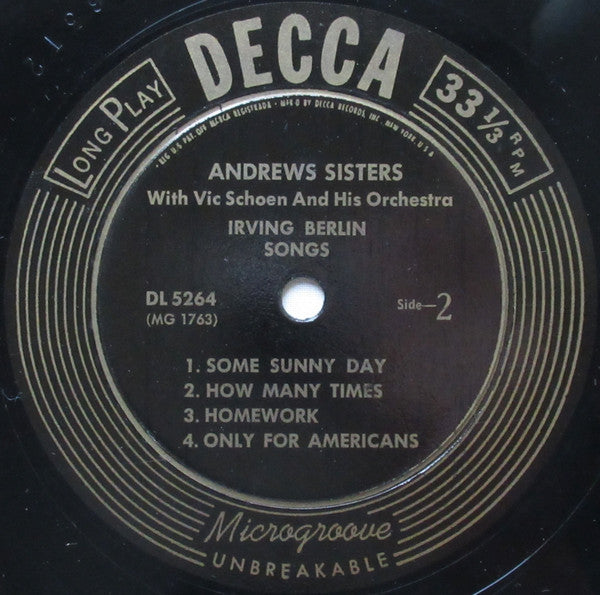The Andrews Sisters : Irving Berlin Songs (10", Album)