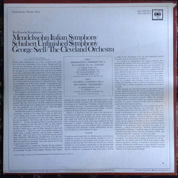 The Cleveland Orchestra : Two Favorite Symphonies · Mendelssohn Italian Symphony · Schubert Unfinished Symphony (LP)