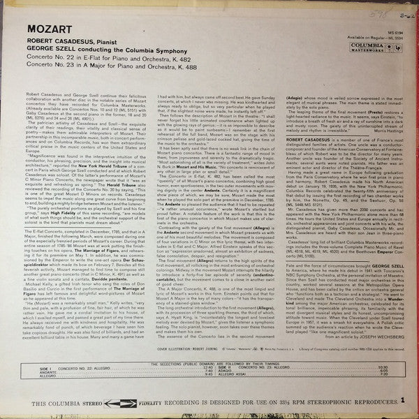 Mozart*, Robert Casadesus, George Szell : Concertos No. 22 In E Flat, K. 482 / No. 23 In A Major, K. 488 (LP, Album)