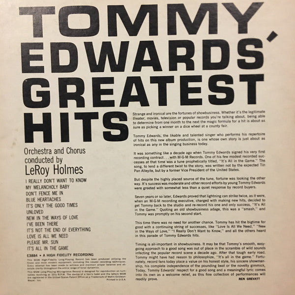 Tommy Edwards : Tommy Edwards' Greatest Hits (LP, Comp, Mono)