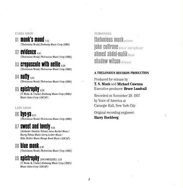 Thelonious Monk Quartet* With John Coltrane : At Carnegie Hall (CD, Album)