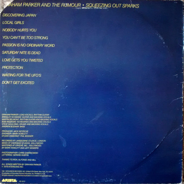 Graham Parker And The Rumour : Squeezing Out Sparks (LP, Album, San)