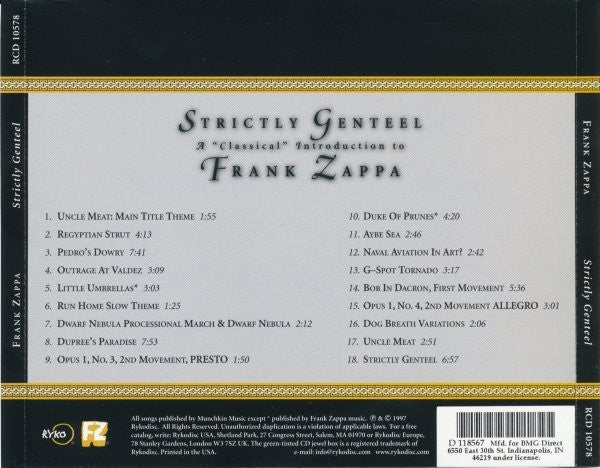 Frank Zappa : Strictly Genteel (A "Classical" Introduction To Frank Zappa) (CD, Comp, Club)