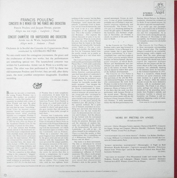 Francis Poulenc ‧ Aimée Van De Wiele ‧ Jacques Février ‧ Orchestre De La Société Des Concerts Du Conservatoire ‧ Georges Prêtre : Concert Champêtre For Harpsichord And Orchestra / Concerto In D Minor For Two Pianos And Orchestra (LP)