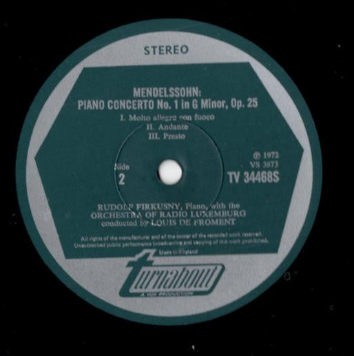 Schumann* / Mendelssohn*, Rudolf Firkusny* : Piano Concerto In A Minor, Op. 54 / Piano Concerto No 1 In G Minor, Op. 25 (LP)