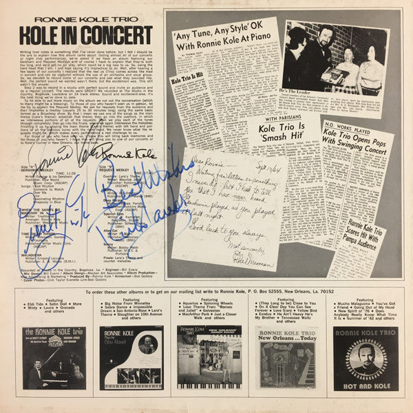 Ronnie Kole Trio : Kole In Concert (LP)
