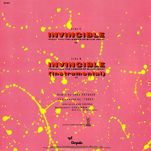 Pat Benatar : Invincible (Theme From The Legend Of Billie Jean) (Extended Remix) (12")