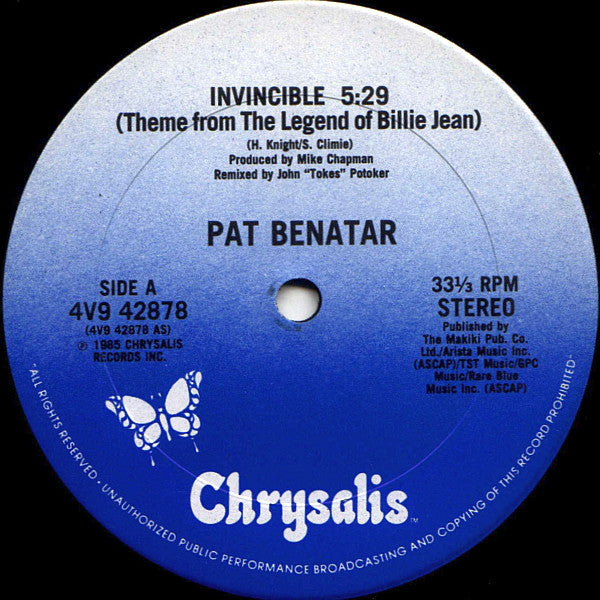 Pat Benatar : Invincible (Theme From The Legend Of Billie Jean) (Extended Remix) (12")