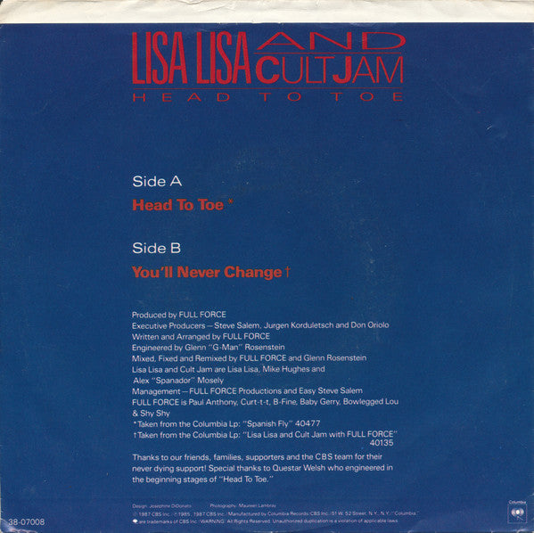 Lisa Lisa And Cult Jam* : Head To Toe (7", Single, Styrene, Car)