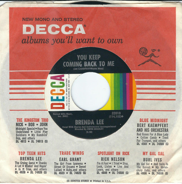 Brenda Lee : Coming On Strong / You Keep Coming Back To Me (7", Single, Pin)