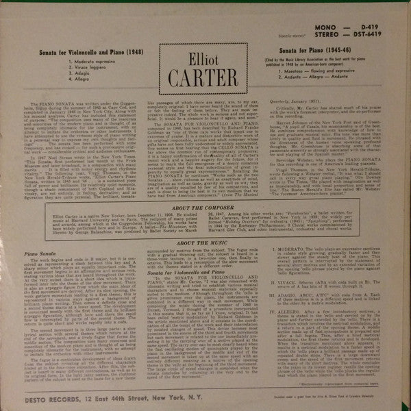 Elliot Carter*, Beveridge Webster, Bernard Greenhouse, Anthony Makas : Sonata For Piano/Sonata For Violoncello And Piano (LP, Mono)