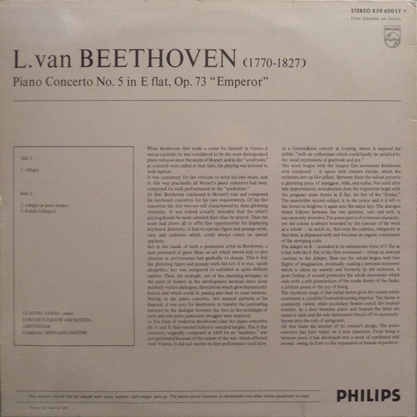 Beethoven* - Claudio Arrau, Concertgebouw-Orchester, Amsterdam*, Bernard Haitink : Beethoven Klavierkonzert Nr. 5 (Piano Concerto No. 5 In E Flat, Op. 73 "Emperor") (LP, Album)