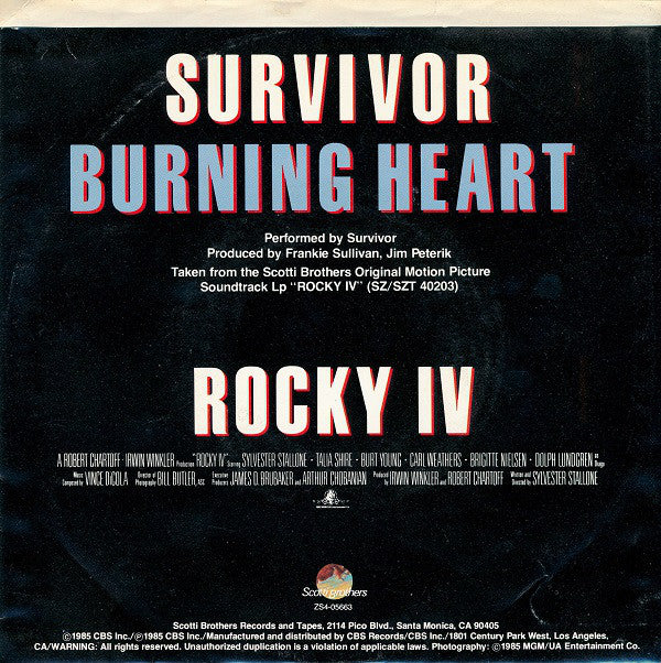 Survivor : Burning Heart (7", Pit)