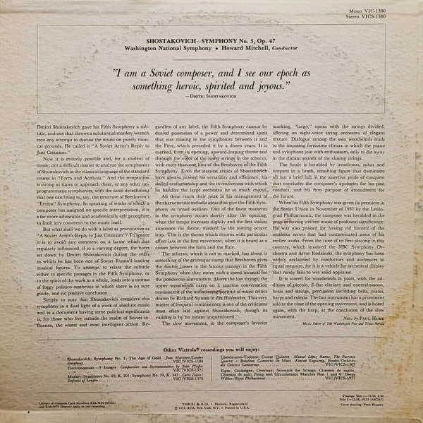 Shostakovich* - Washington National Symphony*, Howard Mitchell : Symphony No. 5 (LP, RE)