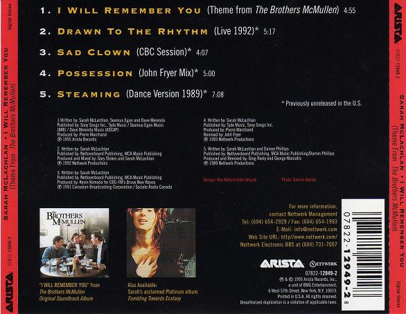 Sarah McLachlan : I Will Remember You (CD, Maxi)