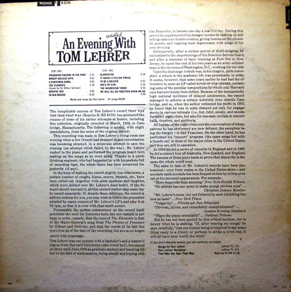 Tom Lehrer : An Evening Wasted With Tom Lehrer (LP, Album, Mono, RE, San)