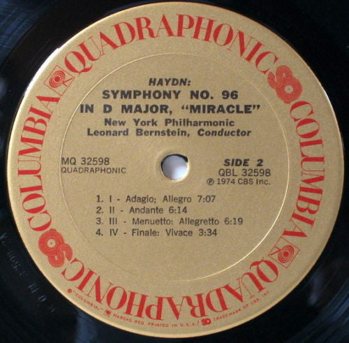 Bernstein* conducts Haydn*, New York Philharmonic : Bernstein Conducts Haydn Symphony No. 95 In C Minor, Symphony No. 96 In D Major, "Miracle" (LP, Album, Quad)
