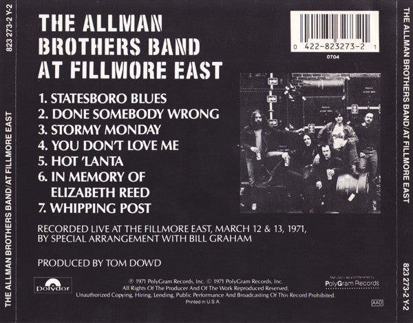 The Allman Brothers Band : The Allman Brothers Band At Fillmore East (2xCD, Album, RE)