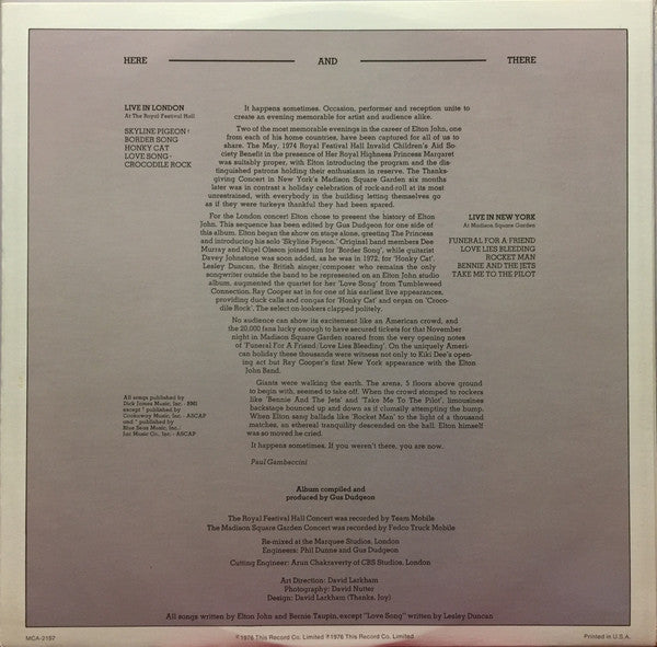 Elton John : Here And There (LP, Album, Pin)