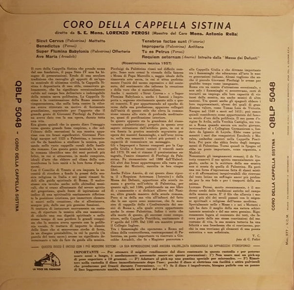 Coro Della Cappella Sistina Direttore Lorenzo Perosi : Coro Della Cappella Sistina (10", Mono)