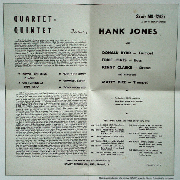 Hank Jones : Quartet-Quintet (CD, Album, Mono, RM)