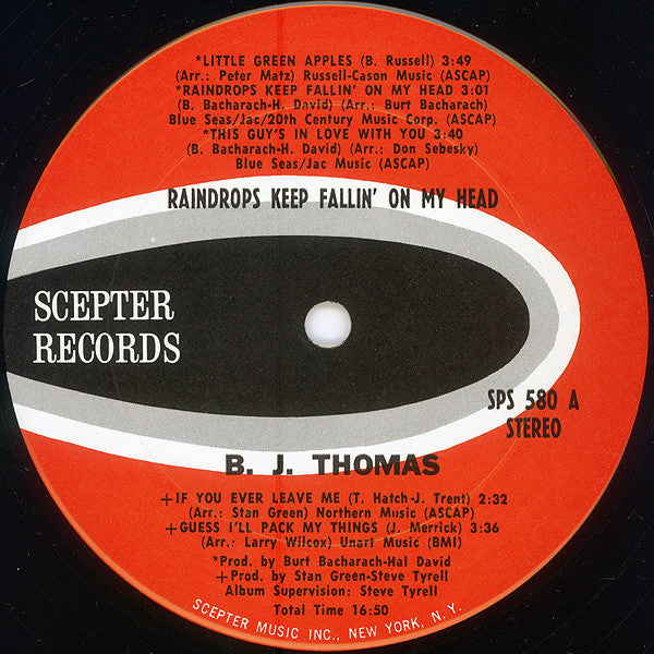 B.J. Thomas : Raindrops Keep Fallin' On My Head (LP, Album, Pit)