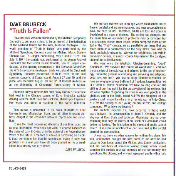 Dave Brubeck : Truth Is Fallen/Two Generations of Brubeck "Brother, The Great Spirit Made Us All" (CD, Comp)