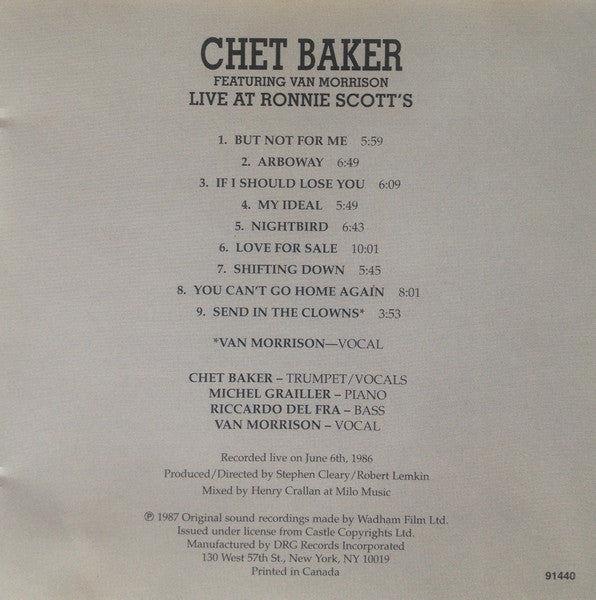 Chet Baker Featuring Van Morrison : Live At Ronnie Scott's London (CD, Album)