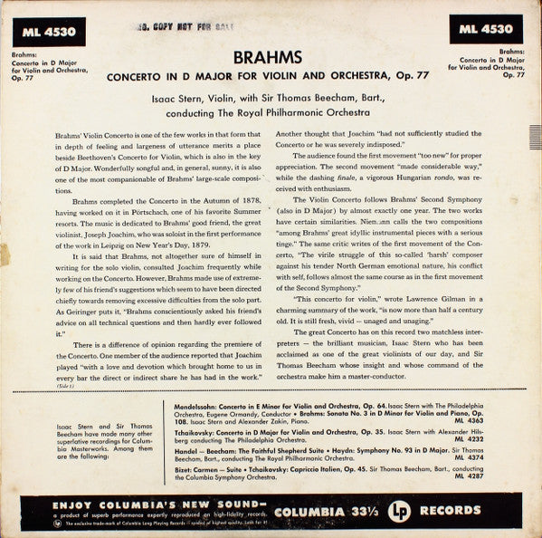 Isaac Stern, Brahms*, Sir Thomas Beecham Conducting The Royal Philharmonic Orchestra : Concerto In D Major For Violin And Orchestra, Op. 77 (LP, Mono, RE)
