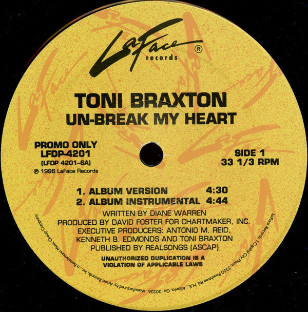 Toni Braxton : Un-Break My Heart (12", Promo)