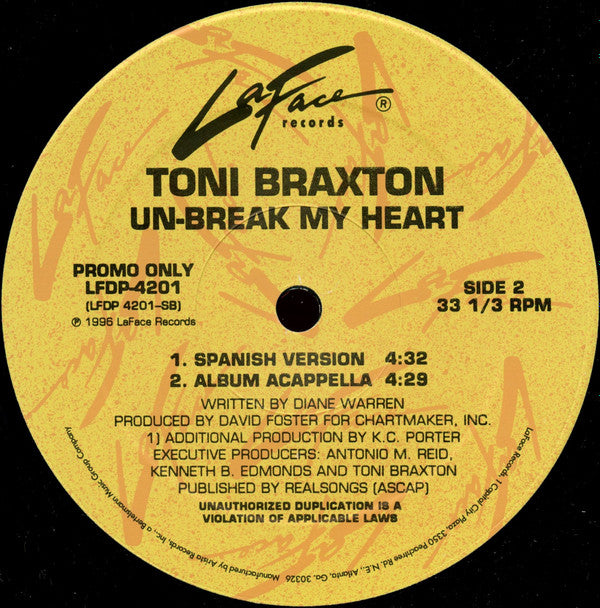 Toni Braxton : Un-Break My Heart (12", Promo)