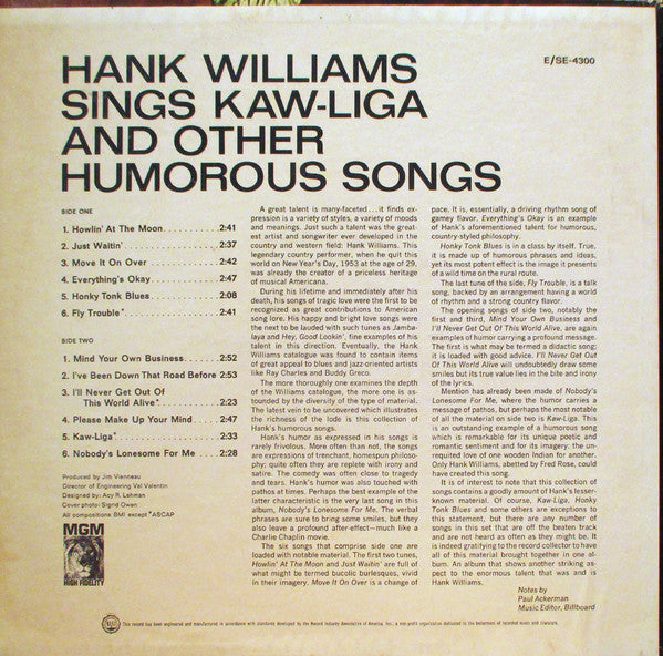 Hank Williams : Sings Kaw-Liga And Other Humorous Songs (LP, Comp)