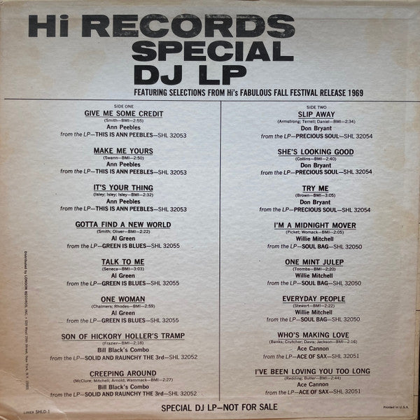 Various : Hi Records Special DJ LP Featuring Selections From Hi's Fabulous Fall Festival Release 1969 (LP, Comp, Promo)