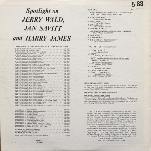 Jerry Wald, Jan Savitt And Harry James (2) : Spotlight On Jerry Wald, Jan Savitt And Harry James (LP, Comp)