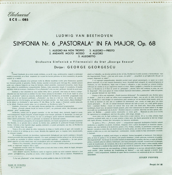 Beethoven* - Orchestra Simfonică A Filarmonicii De Stat "George Enescu" , Dirijor : George Georgescu : Simfonia Nr. 6 "Pastorala" În Fa Major (LP, Album, Mono)