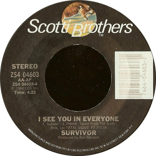 Survivor : I Can't Hold Back (7", Single, Styrene, Pit)