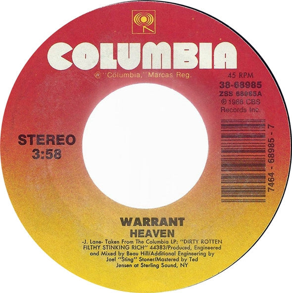 Warrant : Heaven (7", Single, Styrene, Car)