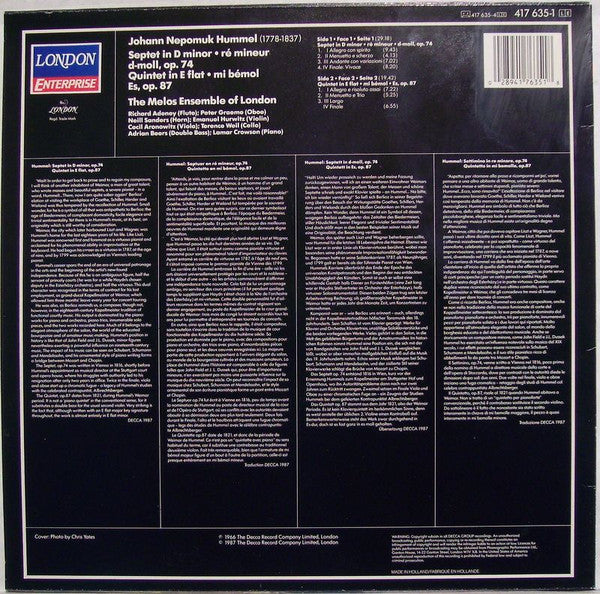Hummel*, Melos Ensemble Of London : Septet, Op. 74 / Quintet, Op. 87 (LP)