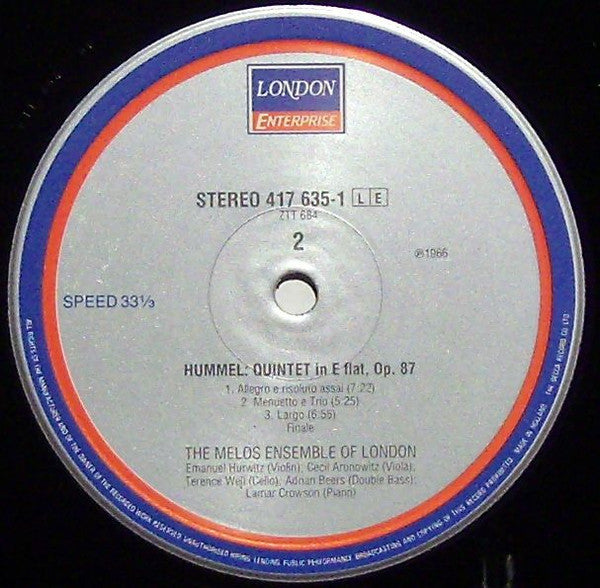 Hummel*, Melos Ensemble Of London : Septet, Op. 74 / Quintet, Op. 87 (LP)