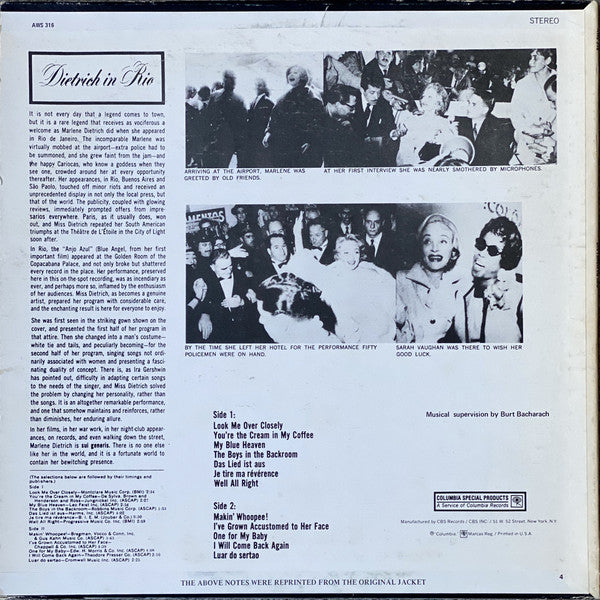 Marlene Dietrich : Dietrich In Rio (Recorded In Rio De Janeiro) (LP, Album, RE)