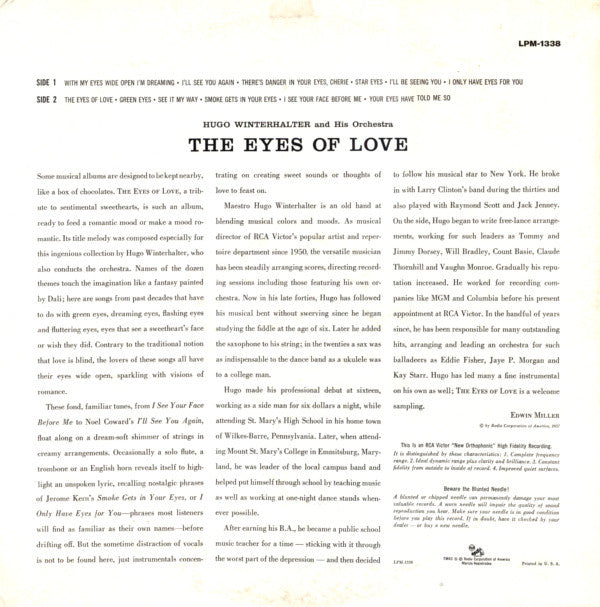 Hugo Winterhalter Orchestra : The Eyes Of Love... (LP, Album)