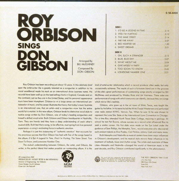 Roy Orbison : Roy Orbison Sings Don Gibson (LP, Album, Wad)