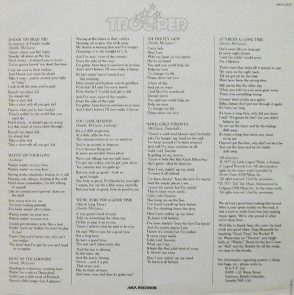 Trooper (4) : Knock 'Em Dead Kid (LP, Album, Pin)