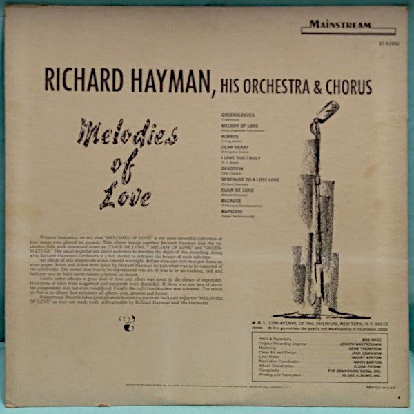 Richard Hayman And His Orchestra : Melodies Of Love (LP, Album, Club)