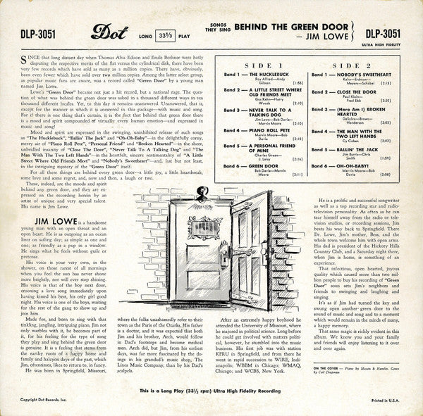 Jim Lowe (2) : Songs They Sing Behind The Green Door (LP, Album, Mono)