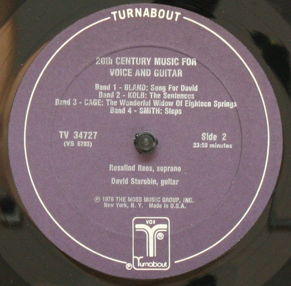 John Cage • Elliott Carter • William Schuman • Andrew Imbrie • Harold Blumenfeld • Lou Harrison • Igor Stravinsky • William Bland • Barbara Kolb • Gregg Smith (2) - Rosalind Rees ; David Starobin : 20th Century Music For Voice & Guitar (LP, Album)