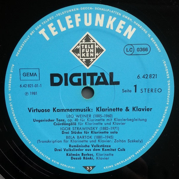 Kálmán Berkes, Dezsö Ránki* : Virtuose Kammermusik (Klarinette • Klavier) (LP)