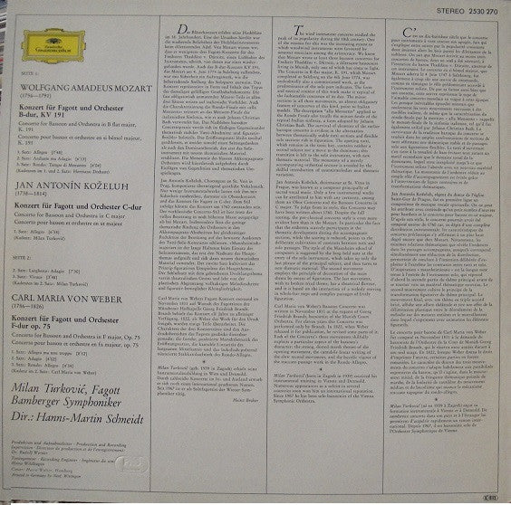 Mozart* • Koželuh* • Weber* - Milan Turković* • Bamberger Symphoniker • Hanns-Martin Schneidt : Fagottkonzerte • Bassoon Concertos (LP, Album, RE)