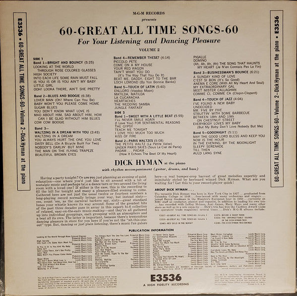 Dick Hyman : 60 Great All Time Songs For Your Listening And Dancing Pleasure Vol. 2 (LP, Album)