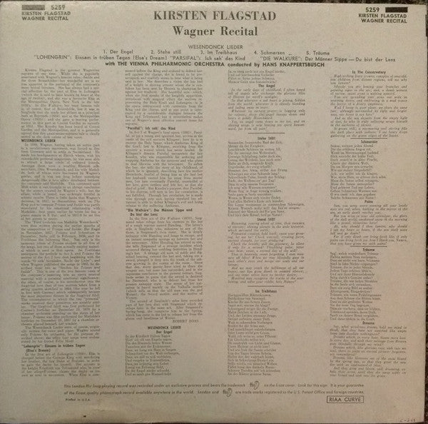 Kirsten Flagstad, Wiener Philharmoniker, Hans Knappertsbusch : Wagner Recital - Wesendonck Lieder (LP, Album, Mono)